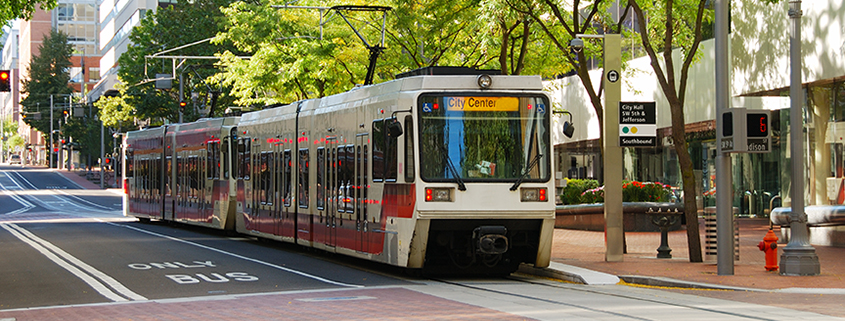 Mass transit train in downtown Portland Oregon